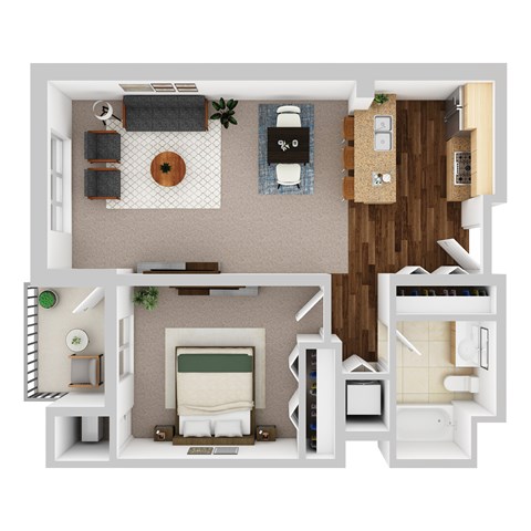 Floor plan for 1 bed, 1 bath, 763 sqft
